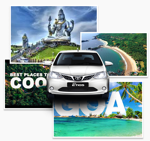 CAB SERVICE MANIPAL taxi with background views of Mudashvar, Goa, Coorg, and Gokarna, highlighting our travel services to these top destinations.